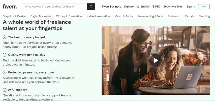 This is a screenshot from Fiverr's desktop website that lists the benefits of hiring a freelancer through Fiverr. There are 2 women looking at a laptop on the right side of the screen. On the left side the benefits are: the best for every budget, quality work done quickly, protected payments every time, and 24/7 support.