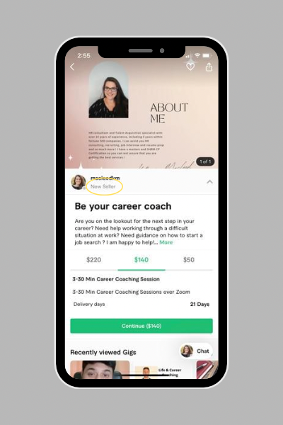 A screenshot from the Fiverr app about how to view a seller's level. It's circled here, directly beneath the seller's name. 