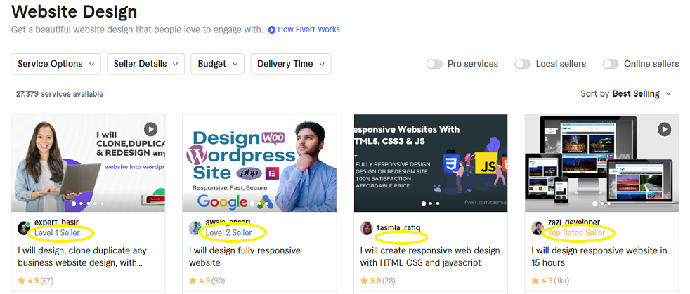 A screenshot of Fiverr's search results with circles around the seller's level, showing where to find it. It's in a post about how to find a freelancer on fiverr. 