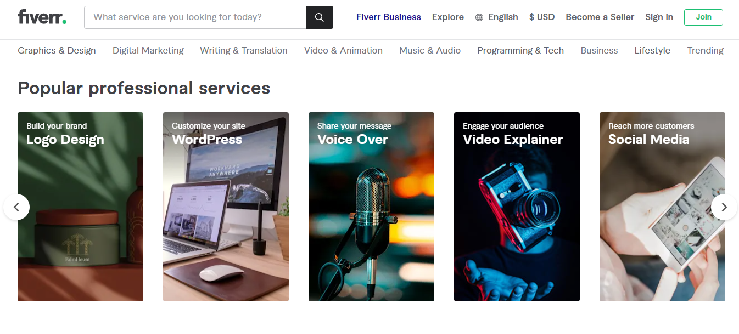 This is a screenshot from Fiverr's desktop website featuring popular professional services such as logo design, voice over, video explainer, social media, and wordpress. It's in a review of Fiverr article. 