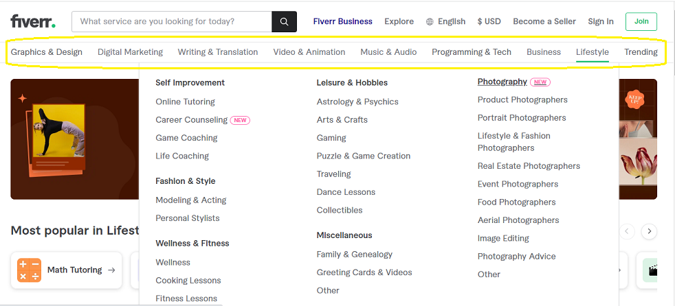 A screenshot of Fiverr's categories page. The categories are in a horizontal bar across the top. You can see the sub-categories of the Lifestyle section since I've hovered over the Lifestyle category. TIt's in article is about about How to Hire a Freelancer on Fiverr. 