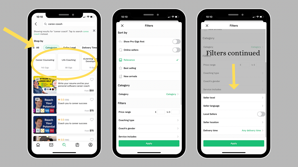 3 screenshot of ways you can narrow down a search for a freelancer on the Fiverr mobile app. The first image has a circle around the sub-categories section. The second and third images shows Fiverr's filters. They include best selling, category, price range, delivery time, and more.