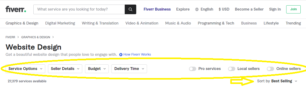 A screenshot that has circled Fiverr's segmenting features for ways to narrow down your search for finding a freelancer. There are drop down's for service options, seller details, budget, delivery time, and toggle buttons for pro services, local sellers, and online sellers.